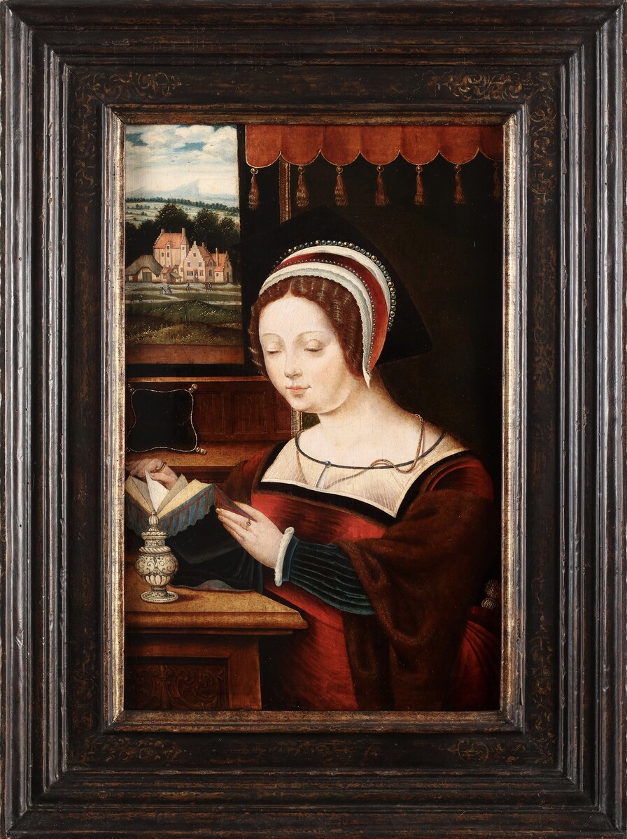 Mary Magdalene reading, seated before an open window
