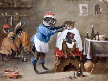 Monkey-trick with a cat at the monkey-barber