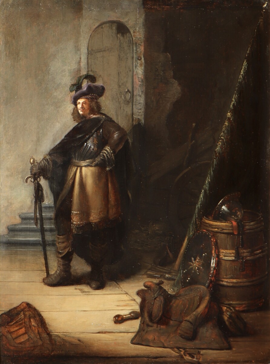 Officer in an interior with a still life of weapons