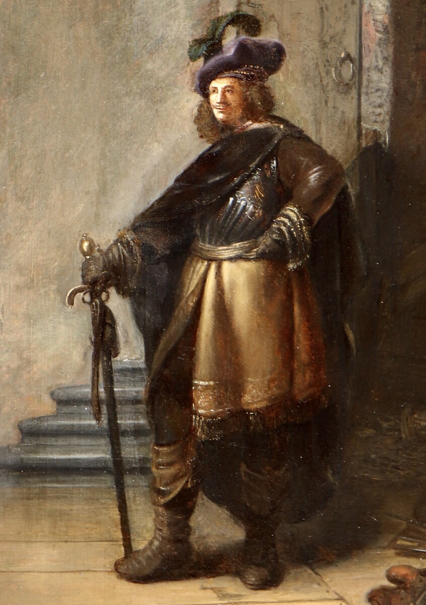 Officer in an interior with a still life of weapons