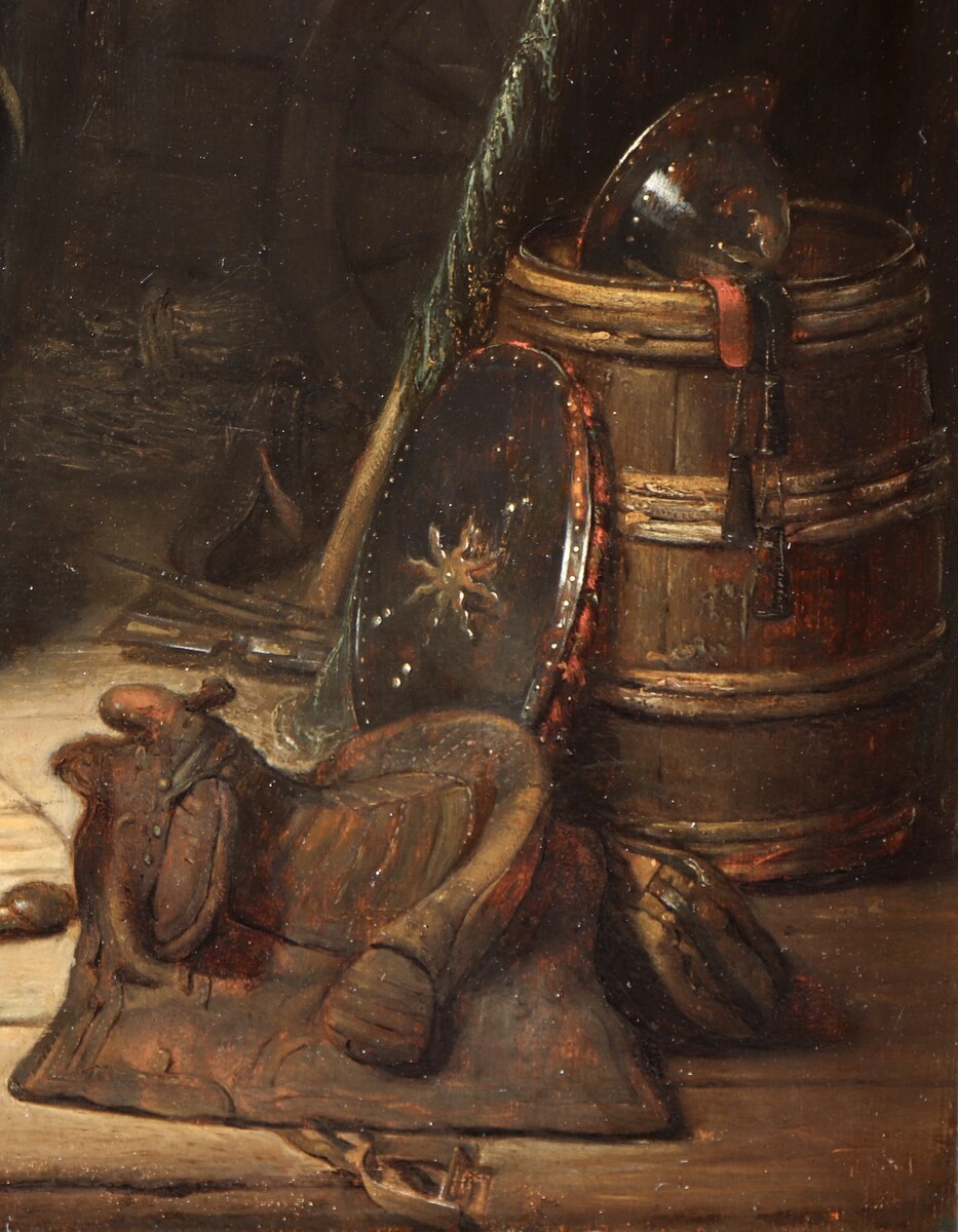 Officer in an interior with a still life of weapons