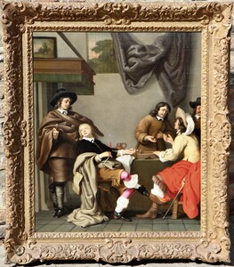 one of a pair of interior scenes, a game of backgammon