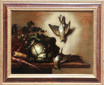Still life with dead game, a pitcher and vegetables