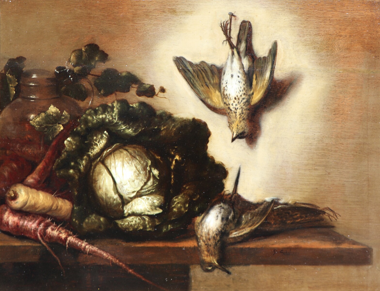 Still life with dead game, a pitcher and vegetables