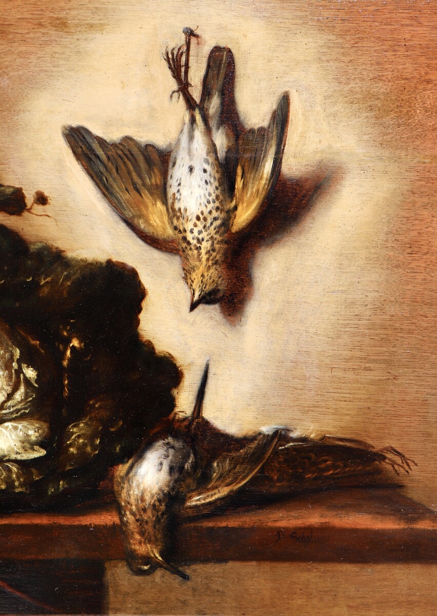 Still life with dead game, a pitcher and vegetables