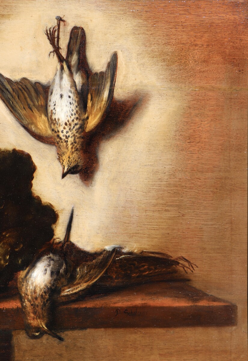 Still life with dead game, a pitcher and vegetables