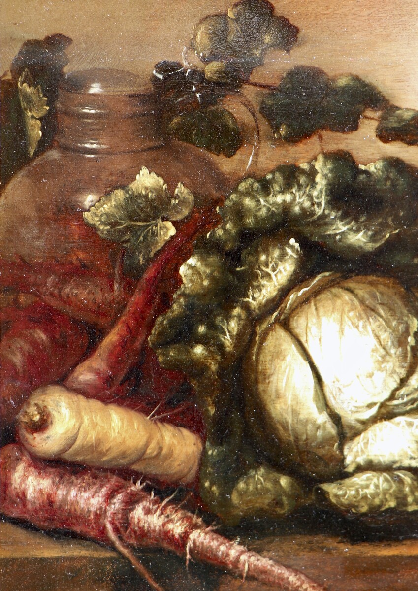 Still life with dead game, a pitcher and vegetables