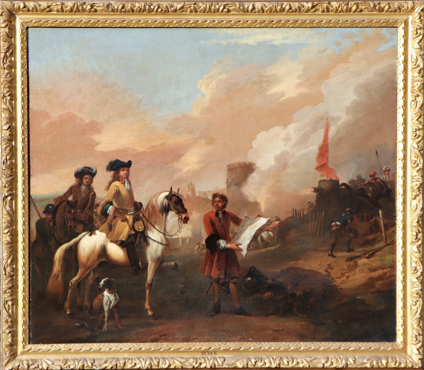 Two cavalry officers surveying the bombardment of a castle