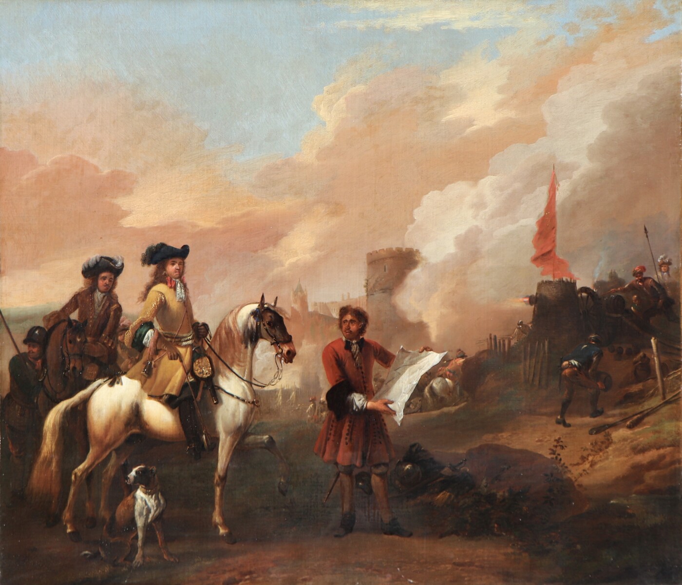 Two cavalry officers surveying the bombardment of a castle