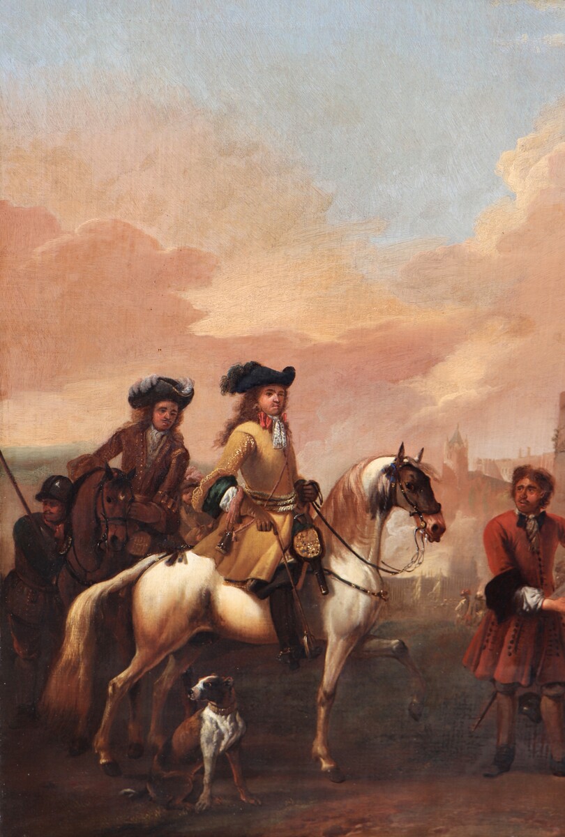 Two cavalry officers surveying the bombardment of a castle