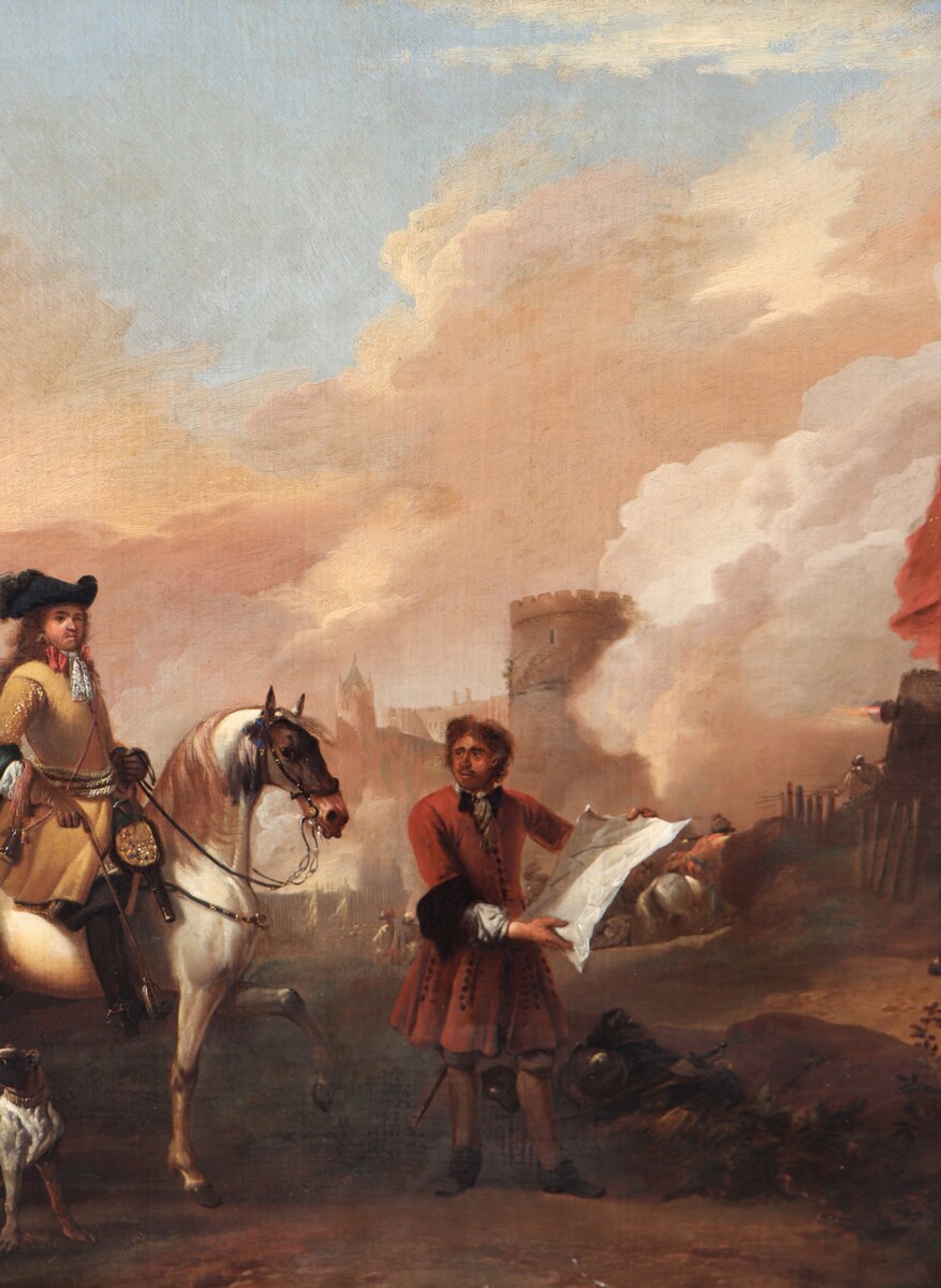 Two cavalry officers surveying the bombardment of a castle