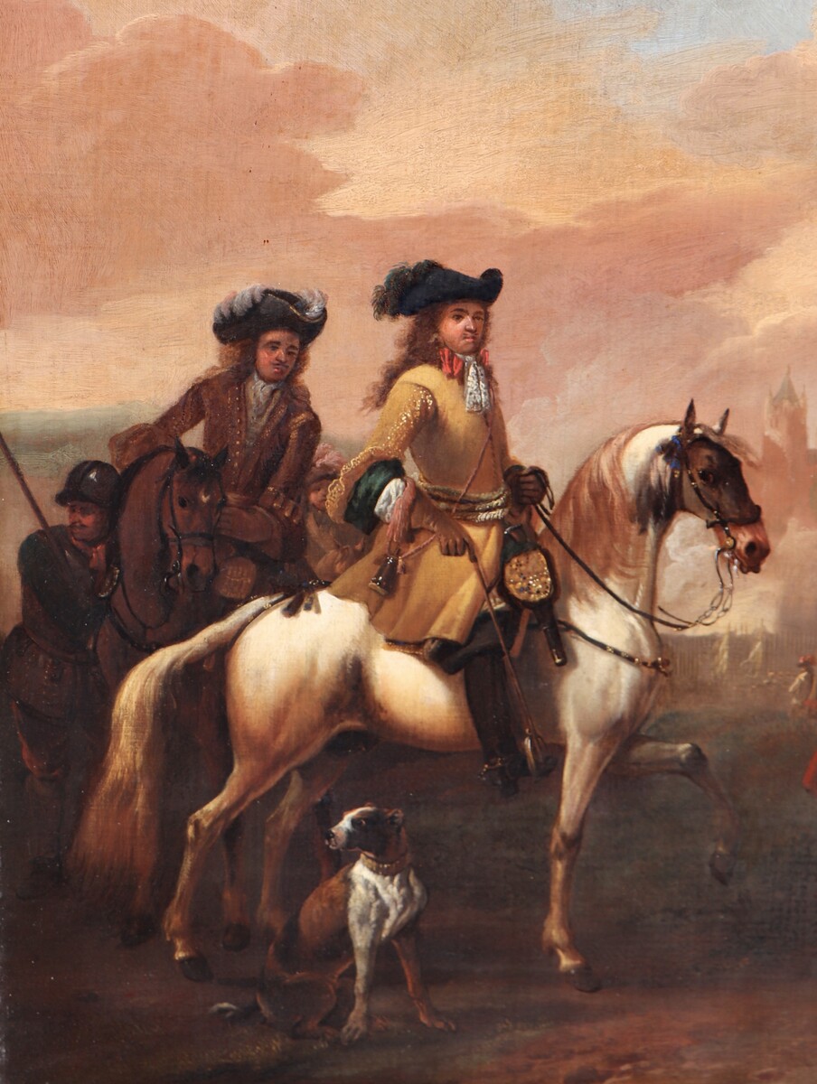 Two cavalry officers surveying the bombardment of a castle