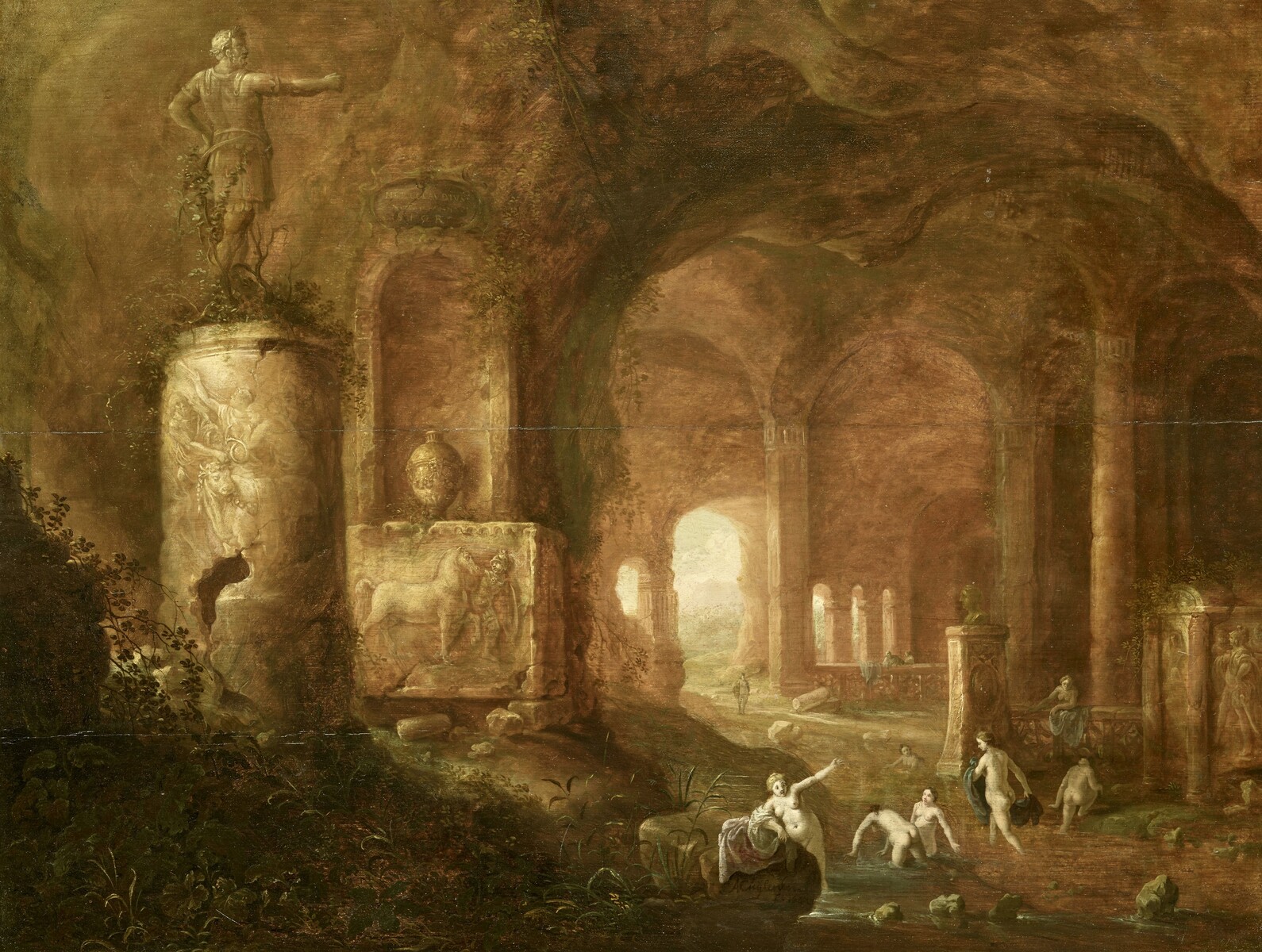 Women bathing in a cavern with Roman monuments