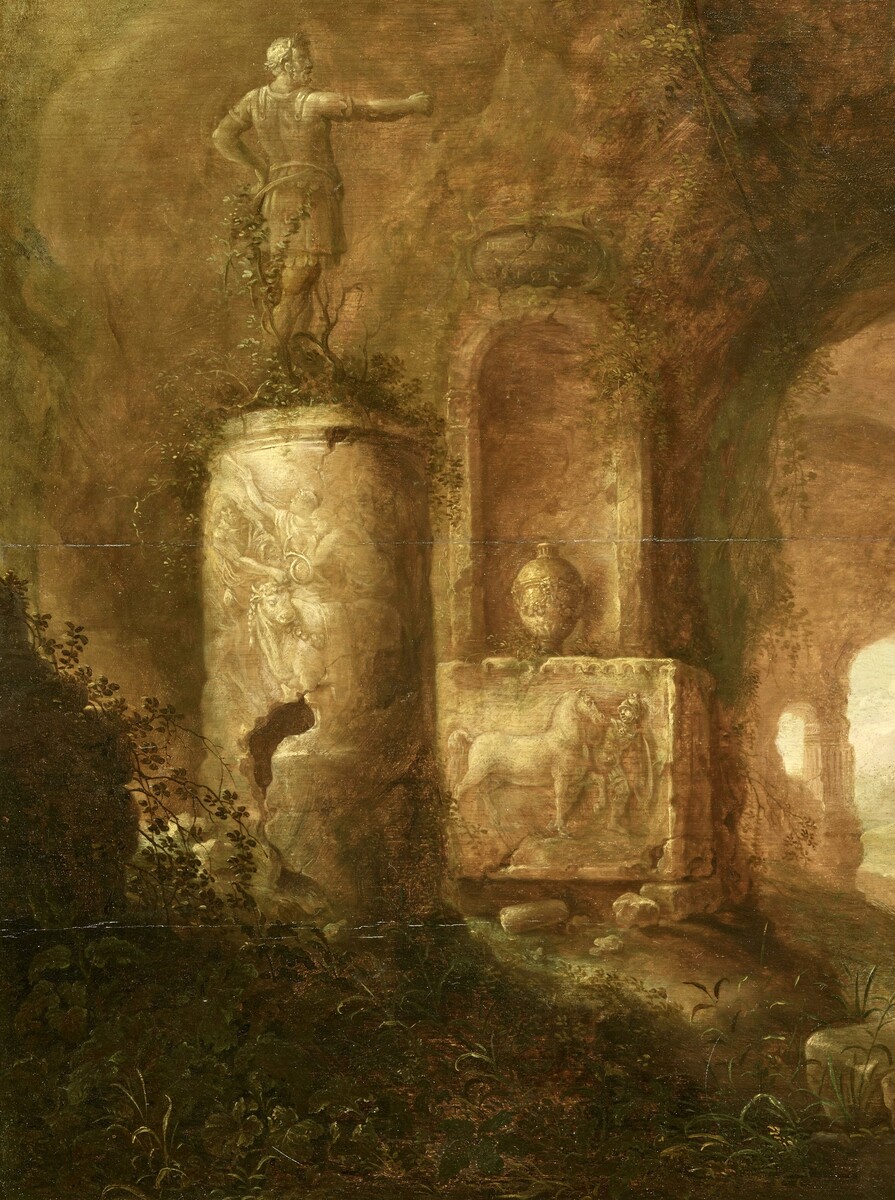 Women bathing in a cavern with Roman monuments