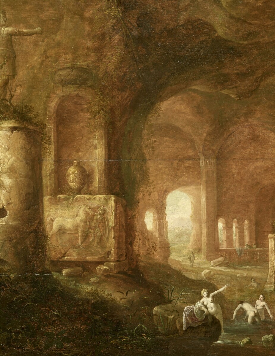 Women bathing in a cavern with Roman monuments