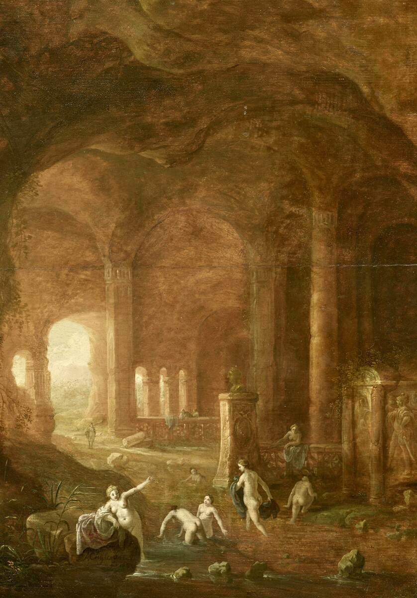 Women bathing in a cavern with Roman monuments