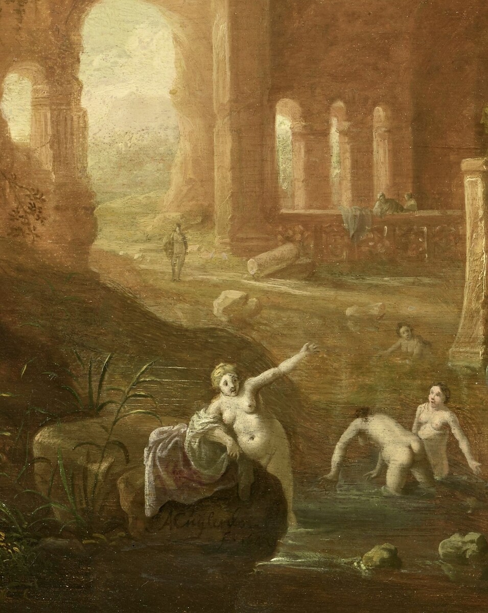 Women bathing in a cavern with Roman monuments